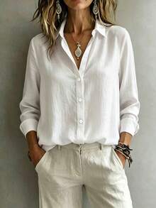 Women's Basic White Linen Button-Down Shirt, Loose Long Sleeve Open Collar Top, Breathable Casual Everyday Wear - White - View 1