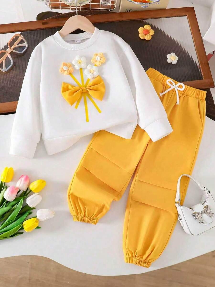 Toddler Flower Embroidered Warm Crew Neck Sweatshirt & Woven Long Pants Set - Yellow - View 1