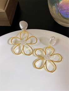 1 Pair Fashionable Elegant Metal Minimalist Hollow Flower Pearl Earrings For Women And Girls, Vintage Five-Petal Flower Drop Earrings, Party, Banquet, Travel, Holiday, Vacation Jewelry Accessories - Gold - View 3