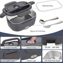 SOKANY Car & Home Dual-Use Electric Heating Lunch Box, 304 Stainless Steel Material, With Insulated Bag, Fork And Spoon - Grey-black - View 1
