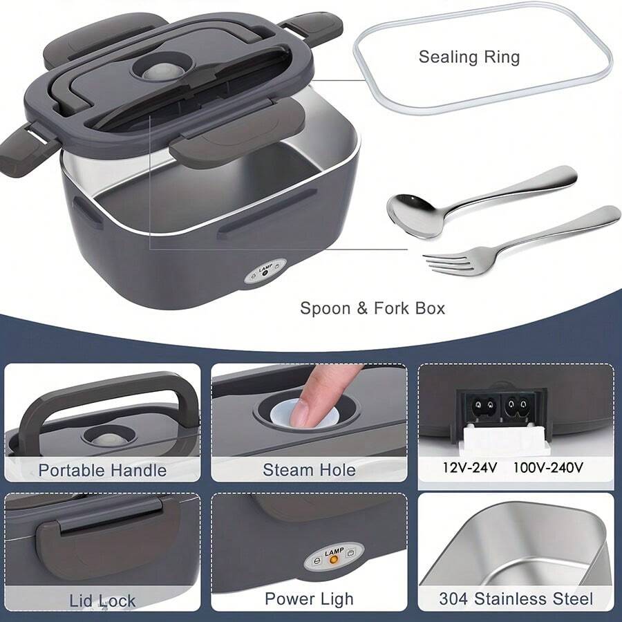 SOKANY Car & Home Dual-Use Electric Heating Lunch Box, 304 Stainless Steel Material, With Insulated Bag, Fork And Spoon - Grey-black - View 1