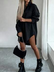 Blusa casual de manga larga con botones y bajo curvo de unicolor negro para primavera - Negro - Ver 1