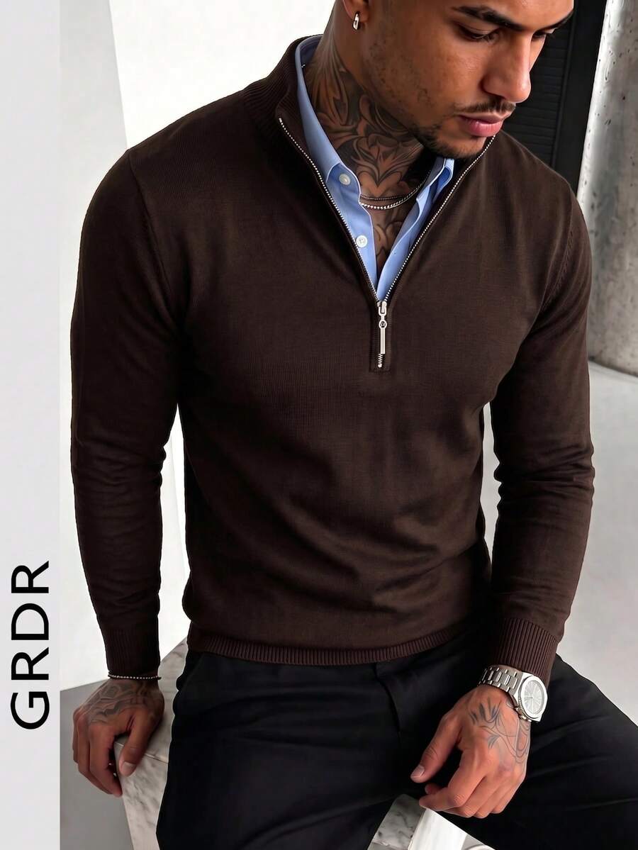 GRDR Men's Casual Long Sleeve Half Zip Knit Sweater, Versatile For Daily Wear