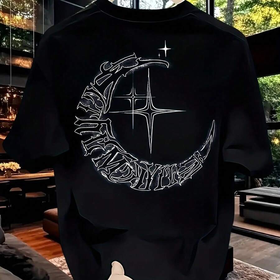 Men's Cotton Graphic T-Shirt, Casual Summer Short Sleeve T-Shirt With Cross Swords And Crescent Moon Design, Men's Clothing - Black - View 1