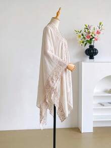 1件式極簡幾何刺繡開襟和服式圍裙女款，波希米亞風春夏海灘度假防曬罩衫，裝飾刺繡開襟衫，適合日常穿著，完美禮物選擇 - 米色 - 查看 3