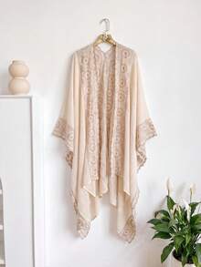 1件式極簡幾何刺繡開襟和服式圍裙女款，波希米亞風春夏海灘度假防曬罩衫，裝飾刺繡開襟衫，適合日常穿著，完美禮物選擇 - 米色 - 查看 6