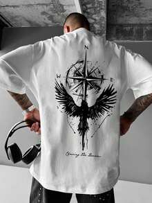 Men's Short-Sleeve Christmas T-Shirt With Round Neck And Eagle & Compass Print, Suitable For Everyday Wear. Hot Item. - 白色 - 查看 1