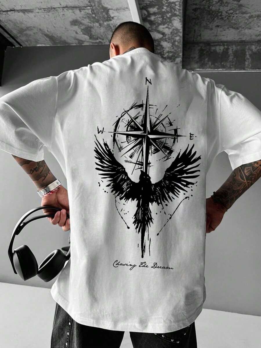 Men's Short-Sleeve Christmas T-Shirt With Round Neck And Eagle & Compass Print, Suitable For Everyday Wear. Hot Item. - 白色 - 查看 1