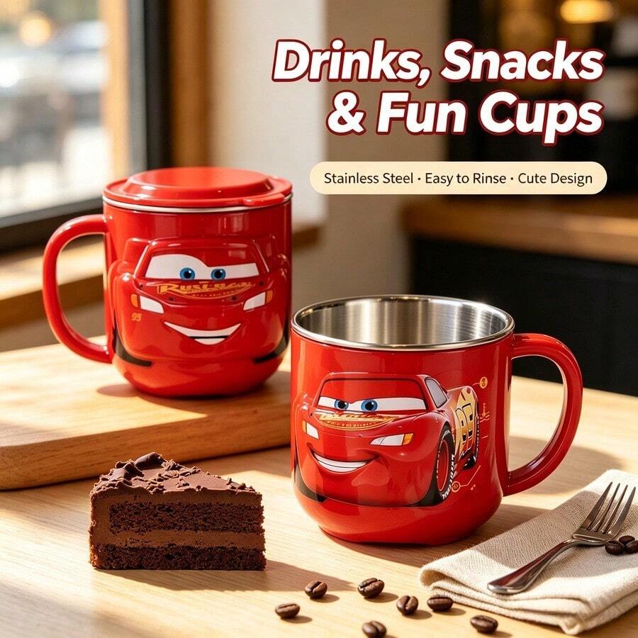 Taza de café y bebida Disney Lightning con revestimiento interior de acero inoxidable, asa y tapa, con líneas de medición, diseño de patrón de coche de carreras clásico, tema de coche de carreras rojo, fácil de limpiar, regalo de cumpleaños ideal - Multicolor - Ver 1