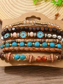 7pcs Set Beaded Bracelets, Bohemian Style Girl's Stackable Bangles - one-size - View 1