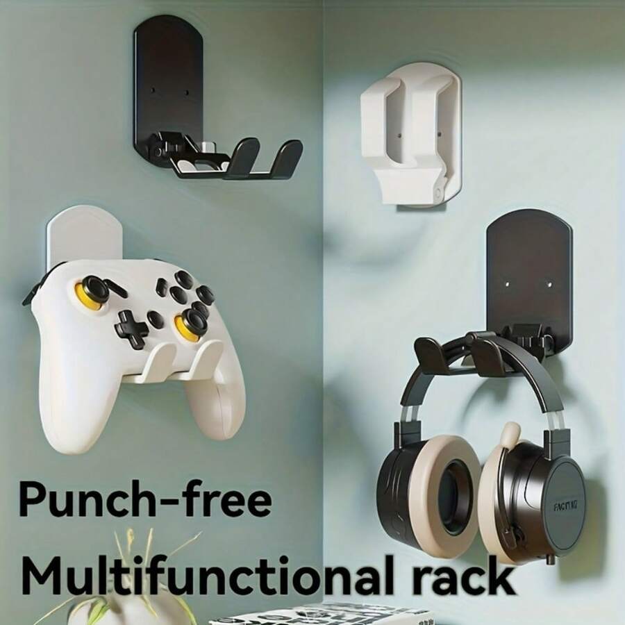 Self-Adhesive Wall-Mounted Headphone & Game Controller Storage Rack, No-Drill Multi-Function Organizer, Bedroom Office Gaming Desk Accessory, Kitchen Bathroom Hook Display Stand - White - View 1