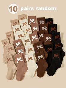 5/10 Pairs Girls Socks With Bow Knot Pattern Decoration, Simple Fashion Versatile Casual, Skin-Friendly Comfortable Soft Breathable Mid-Calf Socks, Suitable For Daily Wear/Holiday Gifts/Back To School Season, Random Color - Multicolor - View 7