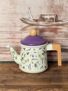 Vintage British Street Pattern Enamel Teapot, Wooden Heat-Resistant Handle Teapot, Stove-Top Coffee Pot, INS Style Home Afternoon Tea Tabletop Decor Gift - Multicolor - View 8