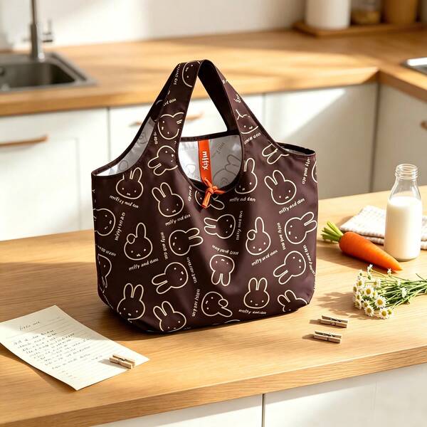 1 pieza Bolsa de regalo linda Miffy impermeable de poliéster, bolsa de regalo de ocio marrón oscuro con diseño de dibujos animados, bolsa de regalo multifuncional de tamaño bolsillo pequeño plegable, adecuada para viajes, compras y uso diario