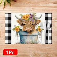 1pc/4pcs/6pcs Highland Cow Pattern Printed Linen Placemats, Rectangular Table Mats, Washable, Easy To Clean, Plate Mats, Bowl Mats, Western Style Placemats, Suitable For Kitchen, Dining Room, Family Gatherings, Coffee Table And Daily Table Decoration - Multicolor - View 12