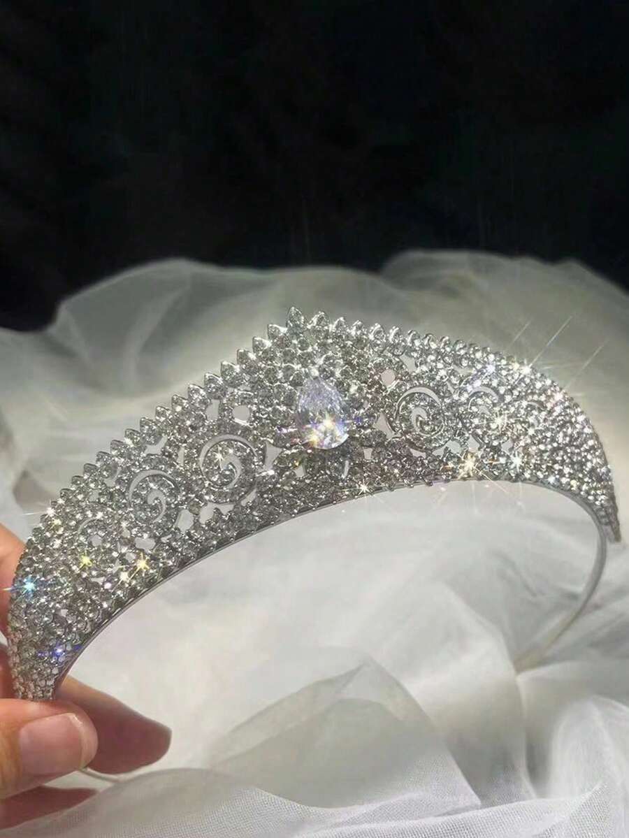 1pc Fashionable Luxurious Super Shiny Zirconia Crown Bridal Headpiece Korean Style Birthday Tiara Hair Accessory For Wedding Dress And Formal Gown - Style 1 - View 1