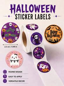 3pcs Halloween Round Sticker Rolls Assorted Ghost Pumpkin Sealing Labels For Packaging - Multicolor - View 2