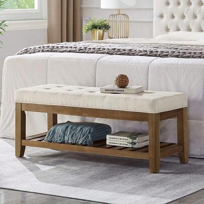 Large Rectangular Upholstered Tufted Linen Ottoman Bench Padded Storage Bench Solid Wood Shelf Utility Shoe Seat Accent Furniture Entryway Bedroom Living Room Ivory