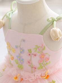 Baby Girl 3D Floral Decor Cami Dress, Suitable For Birthday, Flower Girl, Wedding, Halloween Occasions - Baby Pink - View 5