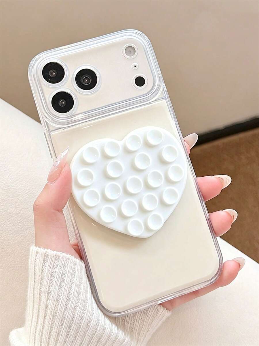 Casing Ponsel Minimalis dengan Perekat Hisap Bentuk Hati yang Lucu, Kompatibel dengan iPhone 17 Pro Max 17 Pro 17 16 Pro Max 16 Pro 16 15 Pro Max 15 Pro 14 Pro Max 14 Pro 13 12 Pro Max 11 Warna Krem, Merah Muda, Kuning, Warna Solid, Bagian Belakang Lembut