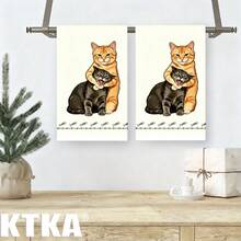 2pcs Cute Creative Cat Kitchen Dish Cloths, Hugging Kitten & Fish Bone Print Kitchen Cleaning Cloth Set, Perfect For Cat Lovers - Multicolor - View 8
