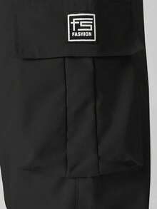Men's Black Plus Size Wide Leg Cargo Pants, FS Letter Patch Large Side Pockets Drawstring Loose Lightweight Streetwear Long Pants Sports Fall - Black - View 3