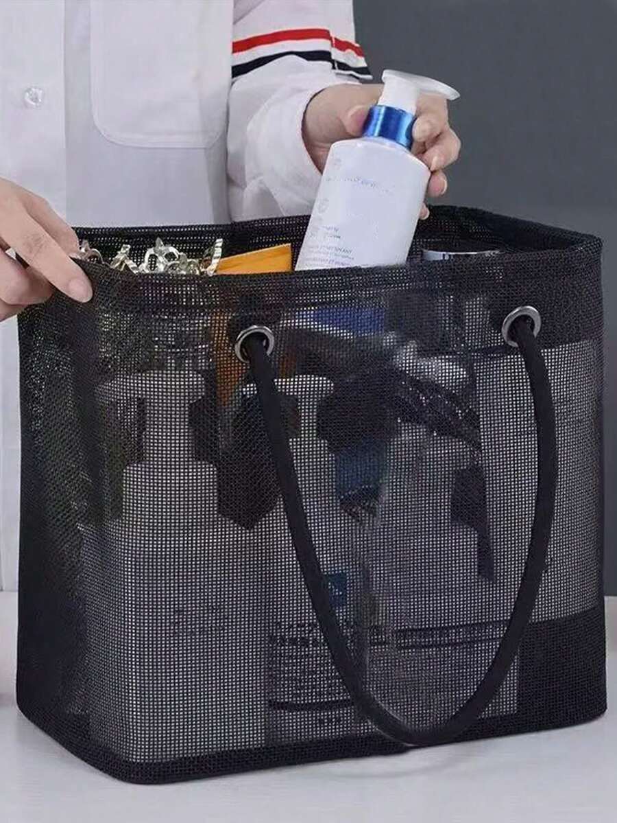 1pc Foldable Breathable Mesh Laundry Basket With Adjustable Rope, Collapsible Rectangular Storage Bin, Suitable For Bathroom, Closet, Dorm, Travel And Supermarket Shopping - Durable Fabric Multi-Functional Storage Basket, Laundry Room Accessory, Casual Design, Laundry Basket Bathroom - Multicolor - View 1