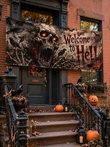 1件裝黑紅配色「Welcome To Hell」歡迎來到地獄橫幅，哥德恐怖風聚酯纖維長方形掛旗，附巨型骷髏、發光眼睛、烏鴉、蝙蝠與骷髏手，適用萬聖節門廊、鬼屋、派對、酒吧、牆面及戶外居家裝飾 - 多色 - 查看 7