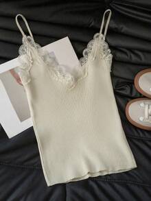Women's Lace Camisole Tank Top With V-Neck And Lace Patchwork, Knitted Base Layer For Autumn, Winter, Spring, Christmas And New Year - Apricot - View 3