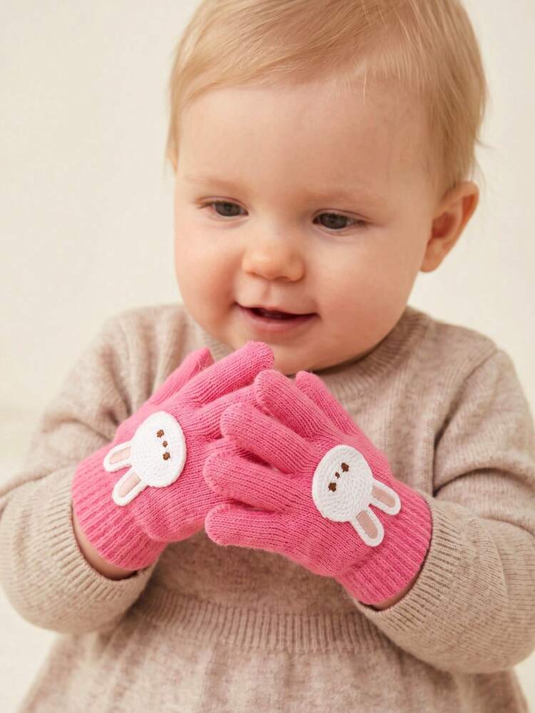 3對刺繡兔子卡通針織手套，女嬰用糖果色加厚保暖全指手套，新生兒百日嬰兒護手手套，秋冬款 - 3pair - 查看 6