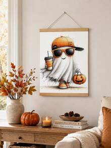 1pc Halloween Ghost Wall Hanging Decor, Seasonal Wall Art, White Ghost With Orange Bow, Fashion Glasses, Drink And Pumpkin Bucket, Suitable For Living Room, Entryway, Door Decor, For Adults, Guests, Haunted House, Trick Or Treat And Spooky Halloween Party Decoration - Multicolor - View 4