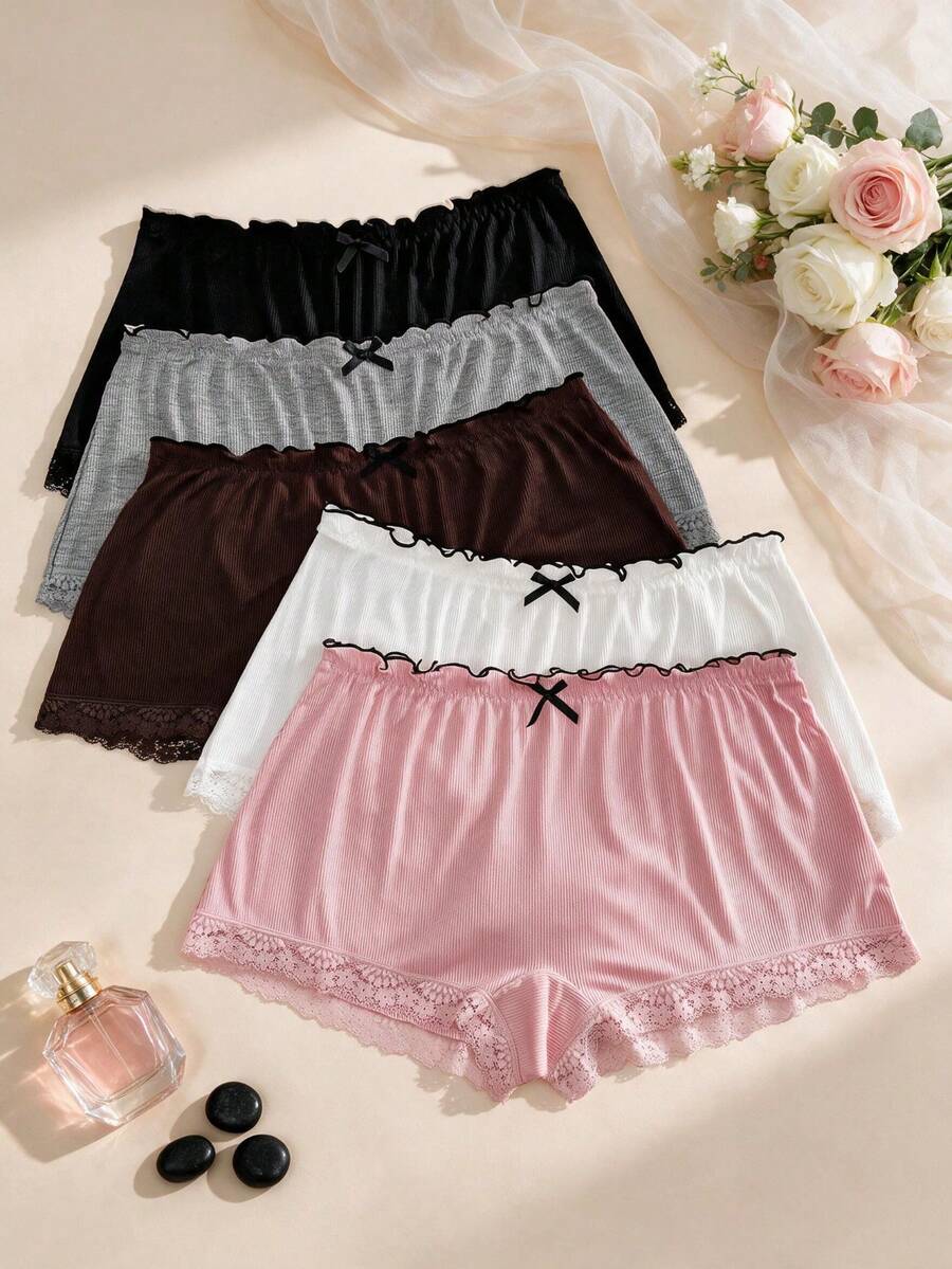 5pcs Ruffle Waist Lace Hem Ribbed Safety Shorts Women Casual Anti-Chafing Lounge Shorts - Multicolor - View 1