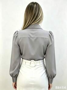 Women's Social Shirt With Long Sleeve Button Tendência Moda Super Shipping! ! - 灰色 - 查看 2