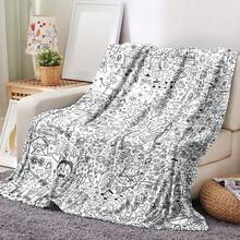 1 pieza Manta de tiro con estampado de estilo grafiti en blanco y negro de un solo lado, con elementos lindos y juguetones como corazones, animales, pasteles, disponible en múltiples tamaños, manta decorativa cómoda para cama, adecuada para dormitorio y sala de estar, perfecta para decoración de sofá - Multicolor - Ver 5