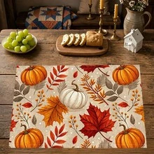 1pc/4pcs/6pcs Pumpkin Pattern Printed Linen Placemats, Rectangular Table Mats, Washable, Easy To Clean, Plate Mats, Bowl Mats, Western Style Dining Mats, Suitable For Kitchen, Dining Room, Home Gatherings, Coffee Table And Daily Table Decor - Multicolor - View 9