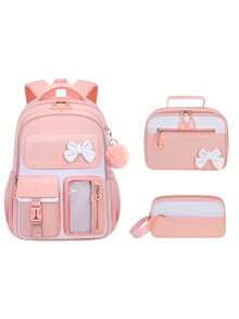 3pcs Colorblock Cute Backpack Set, Including Lovely Bow Decor Bookbag, Zipper Closure, Large Capacity Multi-Pocket Lightweight Backpack, Suitable For Various Occasions, School Bag, Travel Bag, Back To School Gift - A - View 10