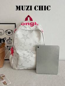 Star Pattern Lightweight Fabric Zipper Closure Multi-Layer Storage Backpack Set, Energetic INS Style Bag Combo For Middle School, High School - White - View 4