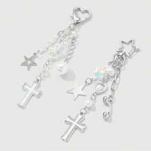Y2K Star Cross Bag Charm, Silver Heart Beaded Chain Pendant With Pearl Decor, Cute Phone Strap Handbag Keychain Accessory - Multicolor - View 2
