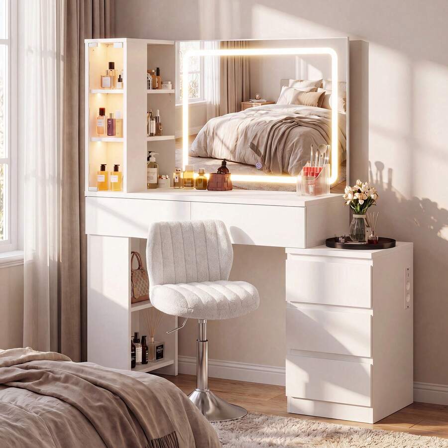 Devoko Vanity Table With LED Mirror, Dressing Table With 5 Drawers, 3 Illuminated Display Cabinets, Open Shelves, Bag Storage, Power Panel, And Selectable Chair Combination, White - 查看 1