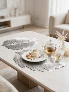 12pcs Gold Rectangular Leaf PVC Placemats, Waterproof & Oil-Proof Western Table Mats, Washable & Odorless Tableware Pads, Non-Slip Table Decor Mats, Suitable For Restaurant, Cafe, Homestay, Holiday, Party, Gathering, Birthday, Wedding, Dinner - Multicolor - View 6