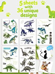 STARTTOOS 5 Sheets Glow-In-The-Dark Dinosaur Temporary Tattoo Stickers, 36 Designs, Waterproof Tyrannosaurus Pterosaur Velociraptor Triceratops Stegosaurus Design, Birthday Party Christmas Gift Event Holiday Party Set - Multicolor - View 12