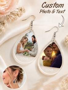 Custom Teardrop Photo Earrings, Elegant Personalized Dangle Earrings, Customized Text Jewelry, Customizable Wedding And Anniversary Gift, Bridal Gift - Style B - View 1