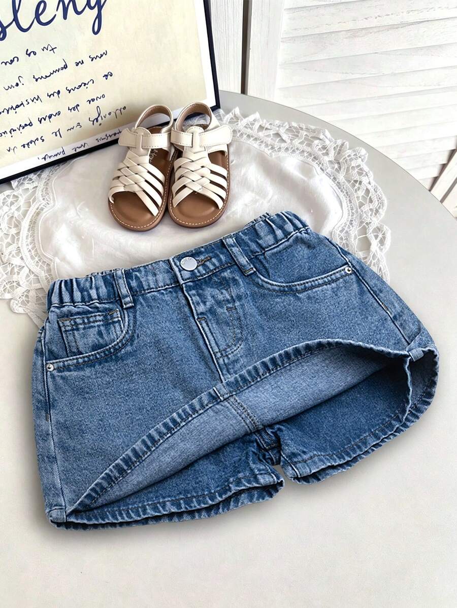 Young Girl 2-8 Years Cute & Simple Denim Hip-Covering Skort, Semi-Elastic Waist With Adjustable Drawstring, Classic Minimalist Style, Loose Fit, Suitable For All Seasons, Acid Wash Denim Skirt Shorts