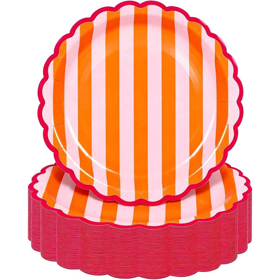 10/20/50pcs Orange Pink Wavy Edge Paper Plates (7/9 Inch); Orange Pink Striped With Magenta Wavy Edge Disposable Plates; Decorative Dessert Plates, Suitable For Weddings, Birthday Parties, Halloween And Thanksgiving - Orange and Pink Stripes - View 1