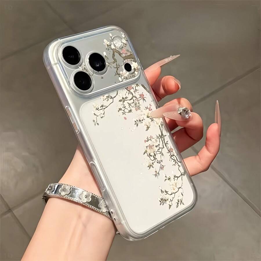 1pc Transparent White Magnolia Branch Pattern Full Coverage Lens Protection Anti-Drop Anti-Collision Personalized Phone Case Compatible With IPhone 16 Pro Max/17/16/15/14 Plus/13/12/11/Air - Multicolor - View 1