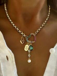 1PC Gold Colorful Heart-Shaped A-Z Letter Necklace With Lock Tag Green Diamond Chain, Unique Luxury, Stainless Steel,For Exquisite Daily Work Decor - Yellow Gold - View 3