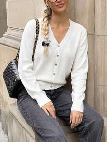 Cardigan de Tricô com Decote em V Feminino, Suéter Básico Casual de Manga Longa Fino para Primavera/Outono, Estilo Fashion Branco Outono - Branco - Visão 4