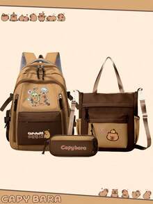 3pcs Cute Capybara Themed Backpack Set, Includes Tote Bag And Pencil Case, Durable Nylon Material, Multi-Pocket Design, Tablet Compartment, Suitable For Daily Commute And School - Multicolor - View 6