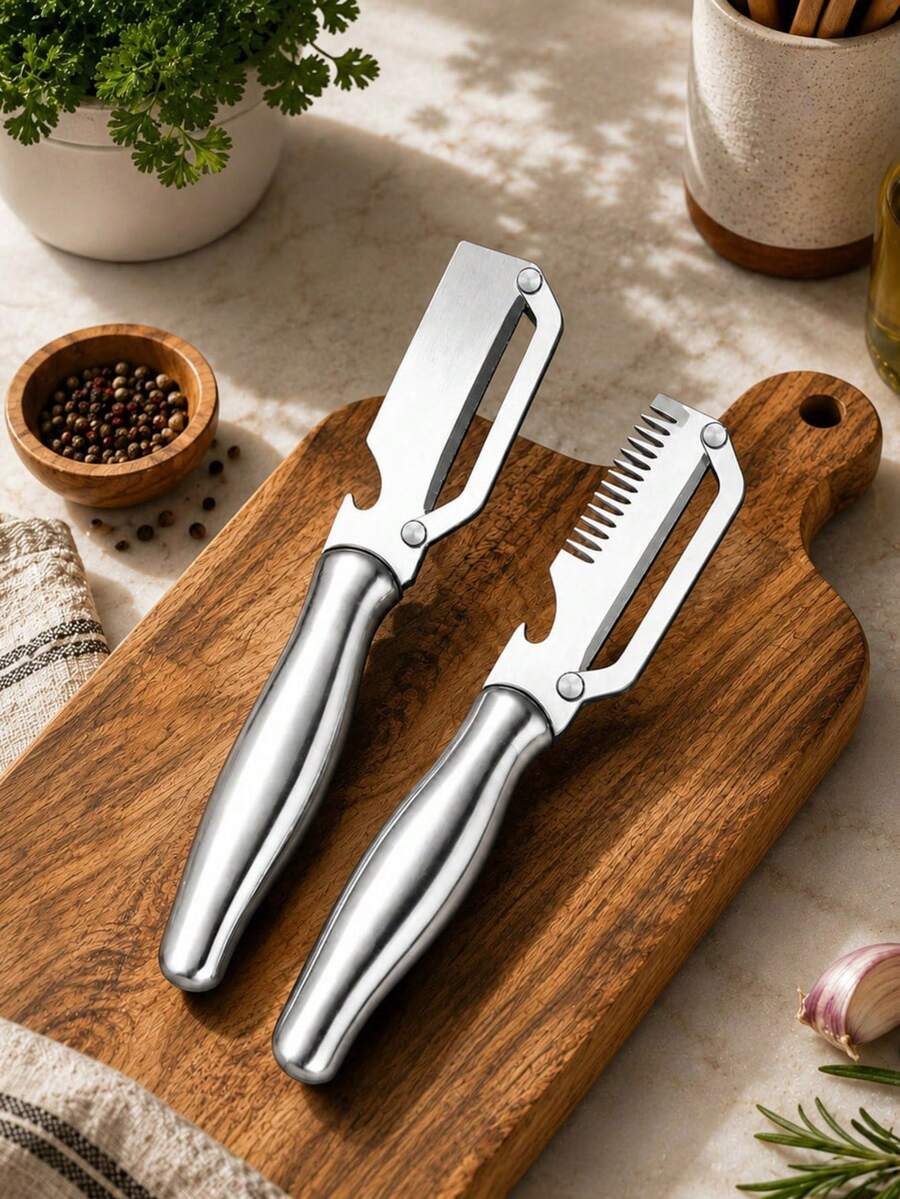 2件組多功能廚房蔬菜削皮器，2026新款不鏽鋼削皮器附不鏽鋼手柄與開瓶器，水果與蔬菜削皮廚房工具，適用於水果、蔬菜、南瓜，居家烹飪