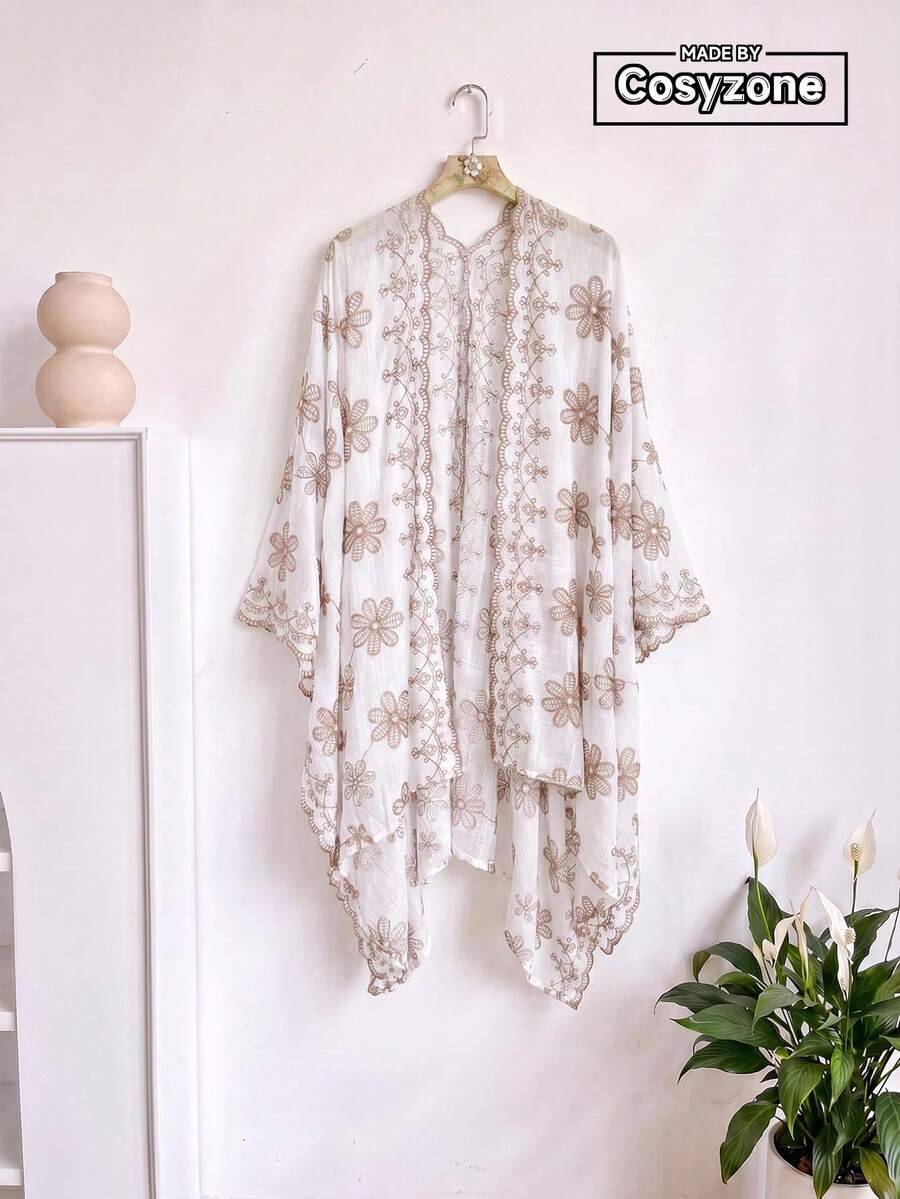 1件優雅花卉刺繡開衩和服式圍巾/沙龍披肩女款，波希米亞風春夏海灘度假防曬罩衫，裝飾性刺繡開襟衫，適合日常穿著，完美禮物選擇 - 白色 - 查看 1